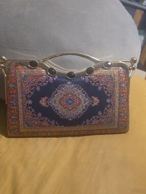 Navy Embroidered Evening Clutch with Gold Frame
